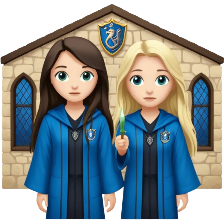 a pretty ravenclaw girl with long dark brown hair and blue eyes standing with a hot Slytherin girl with long blonde hair, blue eyes emoji
