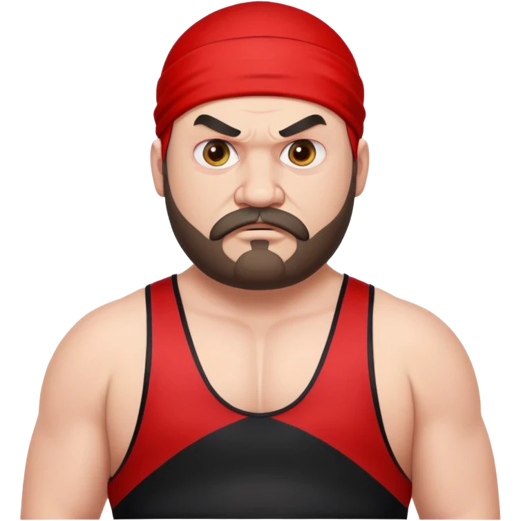 Close-up of extremely fat white skin guy with young face, beard and mustache, no muscle with prominent black durag, black eyes in a red and black wrestling singlet with angry face emoji