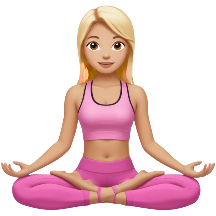 Mujer color de piel moreno claro con cabello rubio suelto y lacio y largo, que tenga gloss en los labios y se vea usando Blush rosita, usando un top rosa deportivo y leggins deportivo rosa en una pose de yoga sentada, viendo hacia enfrente con ojos negros y sonriendo sin mostrar los dientes emoji