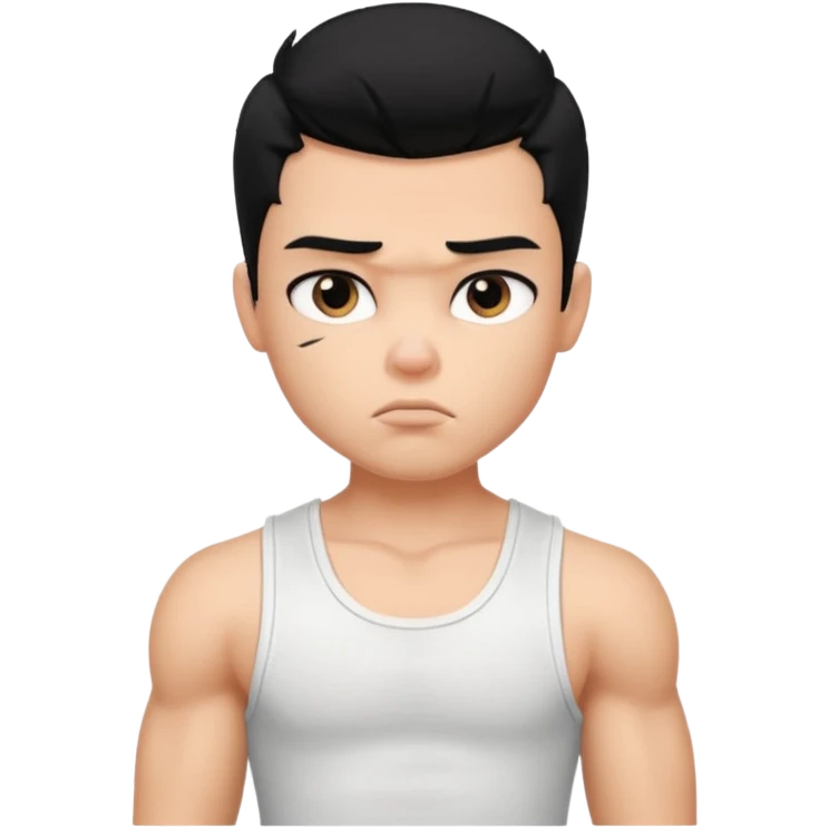a pretty bratz boy with black hair and white sleeveless tank, biceps looking sad emoji