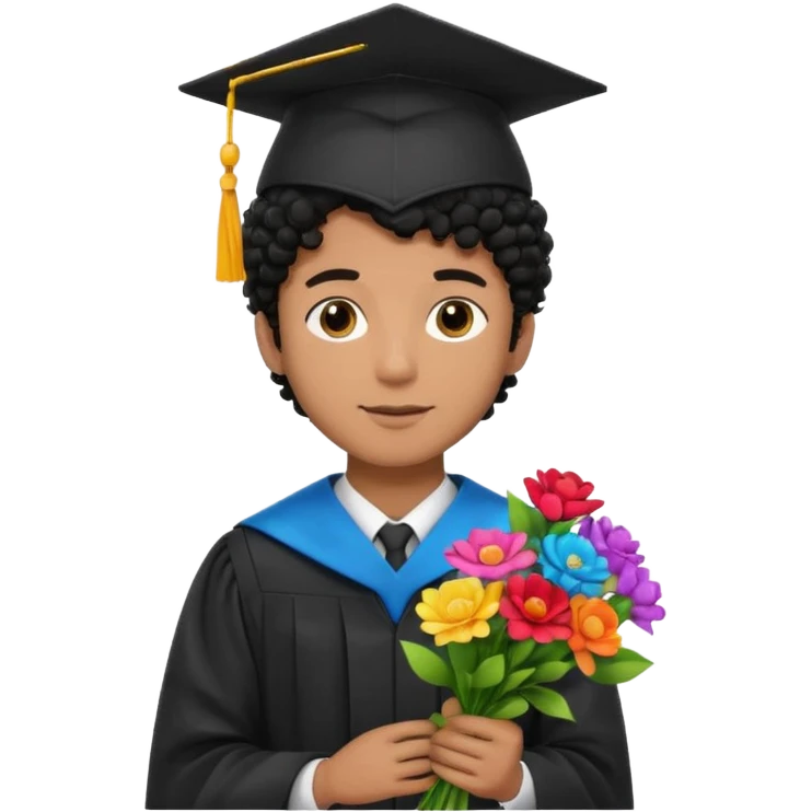 Graduated Students, Male,  brown skin, black curly hair, wearing graduation cap, holding bouquet of flowers
 emoji