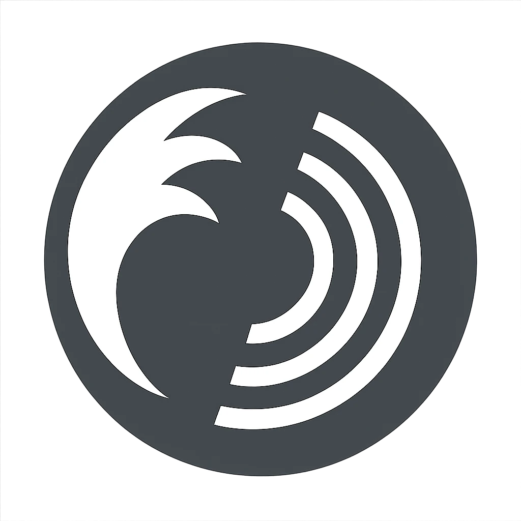 modern graphic sign: dark gray sphere, white curved claw in the upper left corner, three white concentric lines resembling waves on the right emoji
