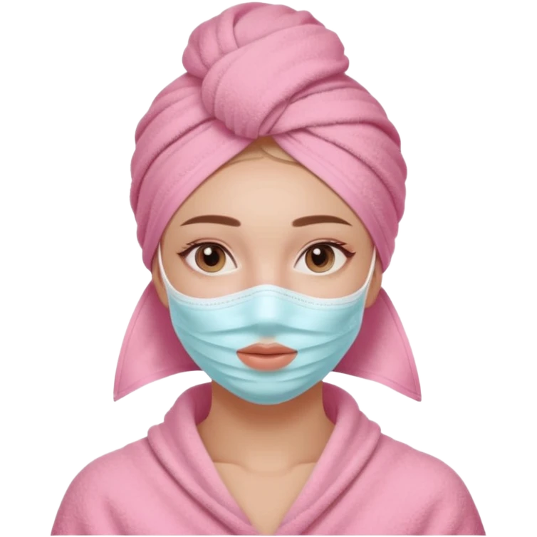 Clean girl influencer character, chest-up portrait, wearing a pink towel wrapped around the head, facial skincare mask on face, relaxed confident expression, soft glow skin, minimal chic aesthetic, subtle beauty accessories, calm self-care vibe emoji