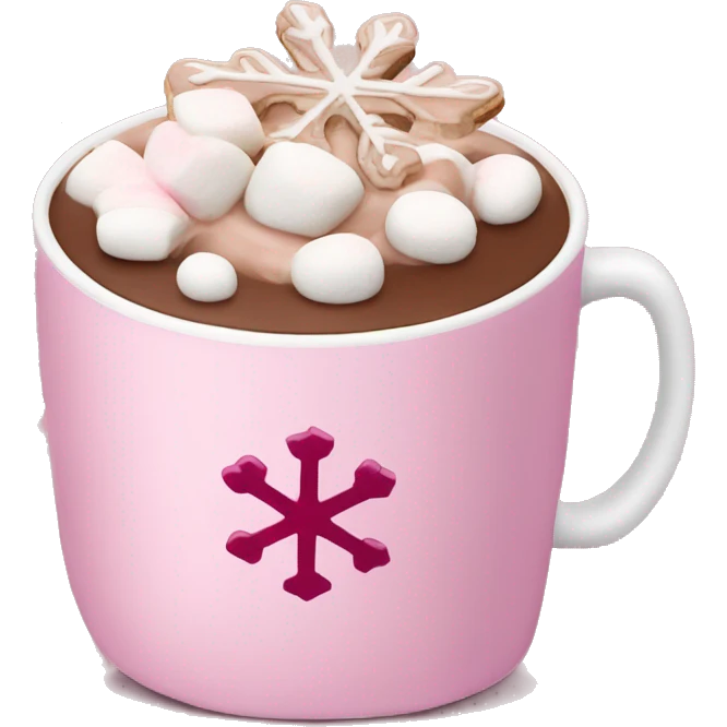 Hot chocolate with cream and Marshmallows in a pink cup with a snowflake on it  emoji