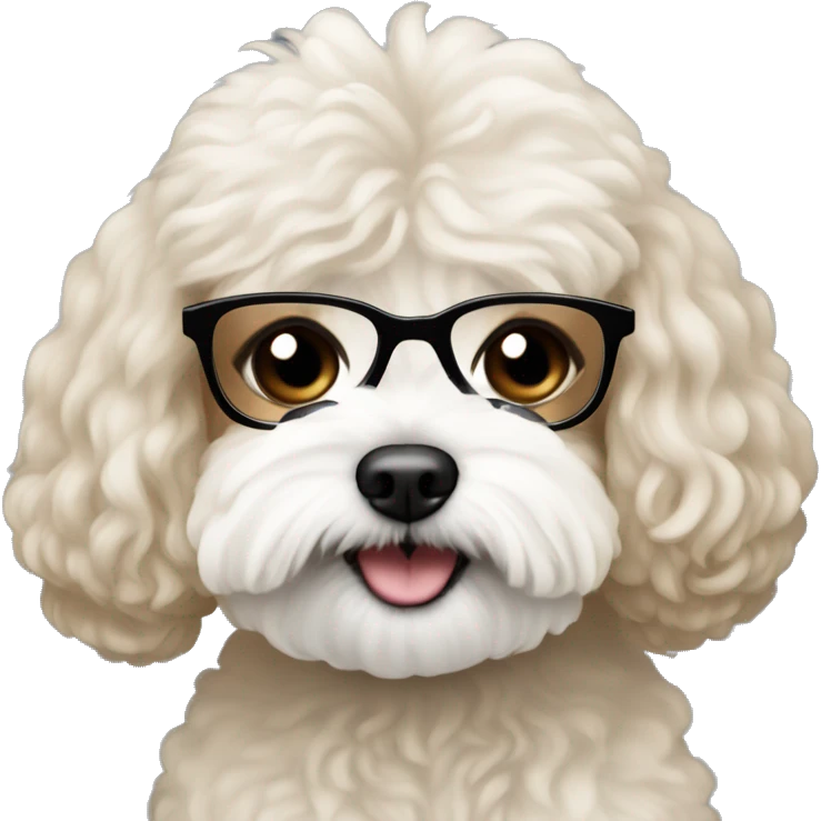 Light brown woman with long black hair and black  glasses holding white MaltiPoo emoji