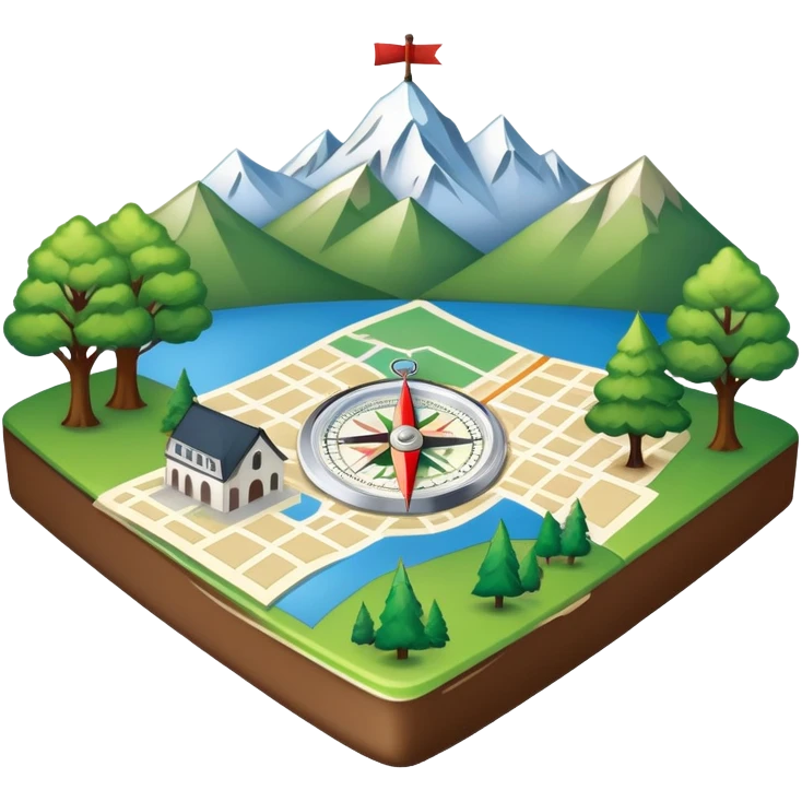 An icon featuring a local map, a compass, and regional landmarks, symbolizing local studies. The design includes a tree, mountains, and buildings, representing the unique geography and culture of a specific area. Transparent background highlights the exploration of local history and environment. emoji