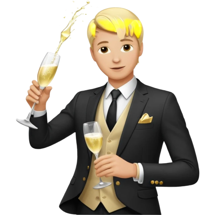 rich fit blonde white man in a suit, confidently pouring champagne, exuding intelligence and luxury, apple style emoji emoji