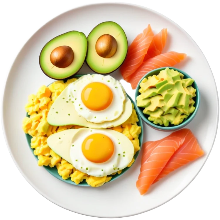Breakfast plate with sliced avocado, scrambled-eggs and smoked salmon emoji
