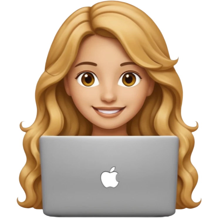 Pretty girl with long, light golden brown wavy hair, Latina, with a laptop, AI-generated emoji. emoji
