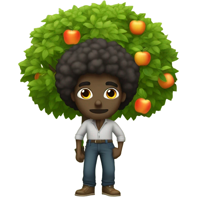 dark skinned man with afro hair with baggy pants smoking an orange under an apple tree emoji