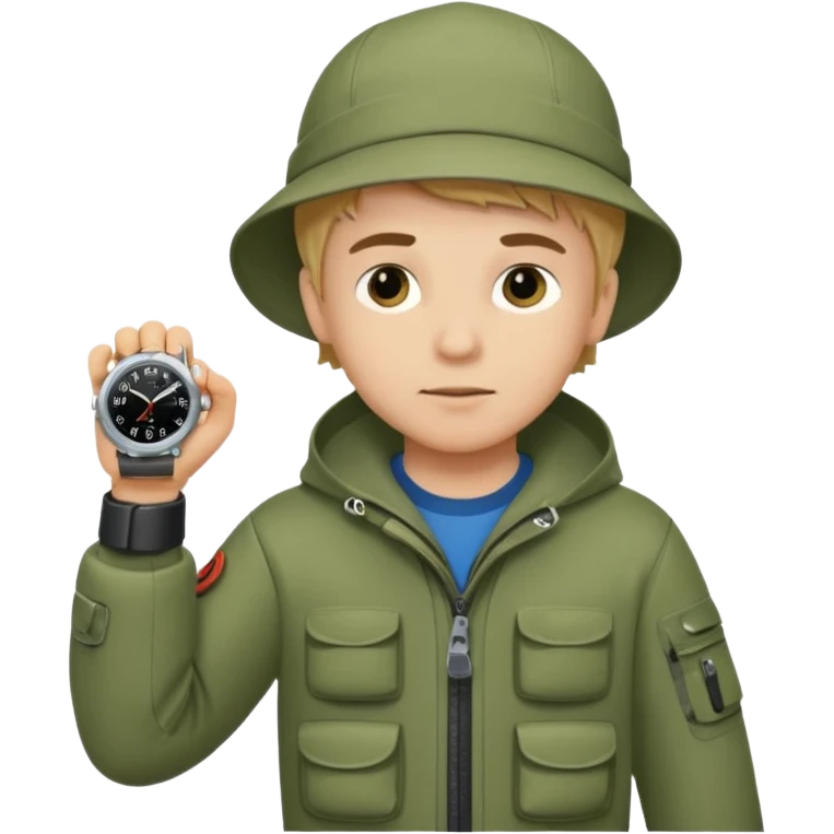 Boy in fishing suit looking at his wristwatch emoji