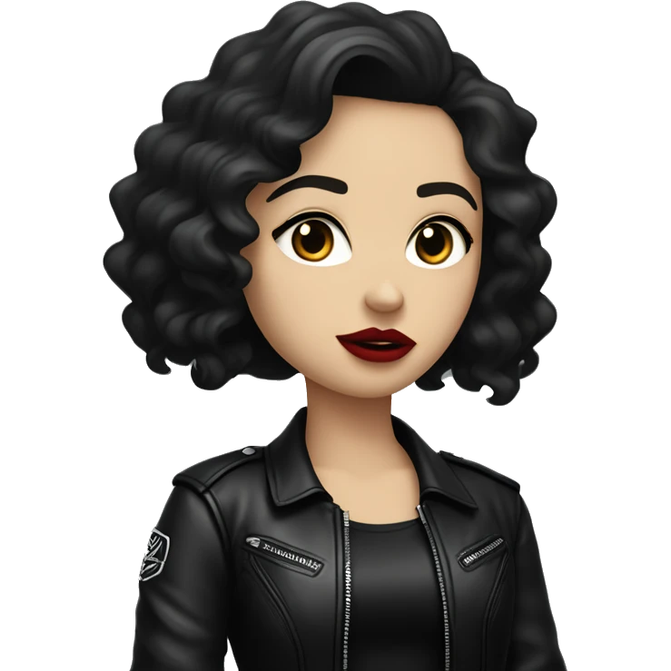 White girl, with long curly black hair, with red lipstick, black winged eyeliner, wearing black shirt and black leather jacket shrugging her shoulders in a gesture that says “I don’t know” emoji