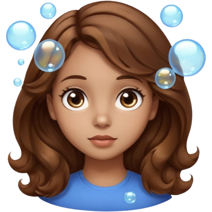 girl with brown wavy hair in a side part with big brown eyes looking off to the side with bubbles on both sides of her emoji