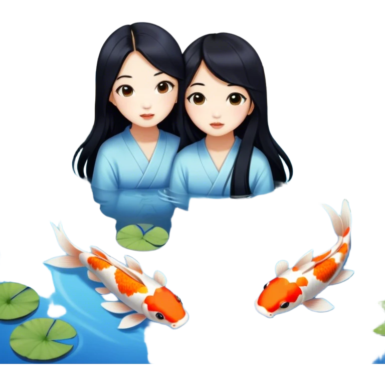 two asian girls long hair koi pond emoji
