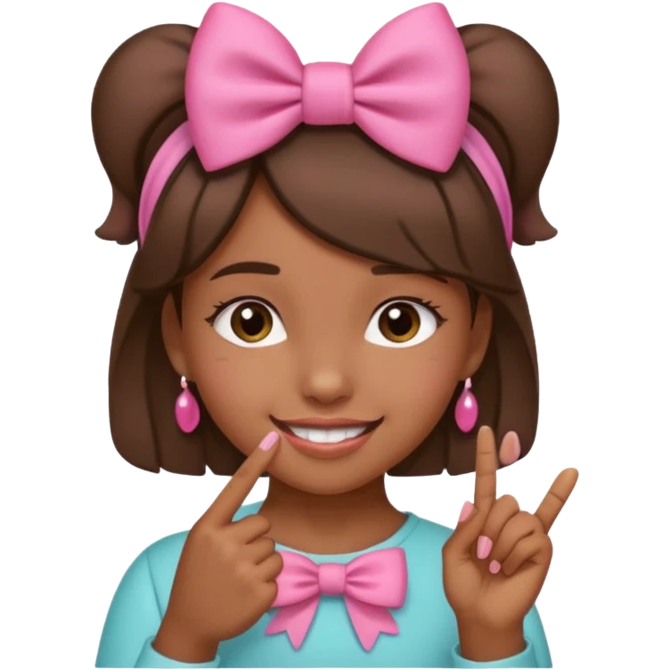 Chica morena sonriendo con un lazo rosa en la cabeza y mordiendose la punta del dedo indice con delicadeza emoji
