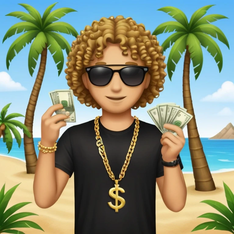 Happy mixed-race person with curly hair, black t-shirt, chain necklace, sunglasses, holding cash in both hands, palm tree beach background emoji