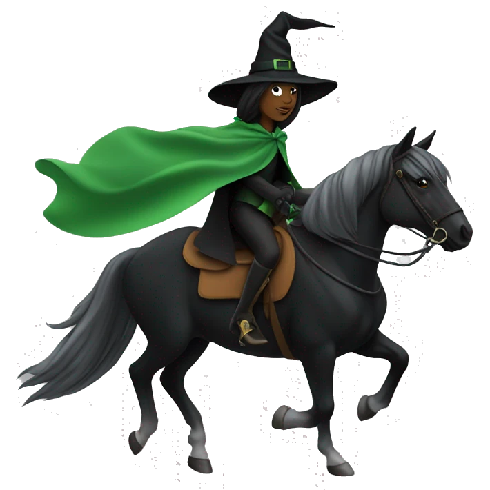 Green witch, black hat and cape, riding a horse emoji