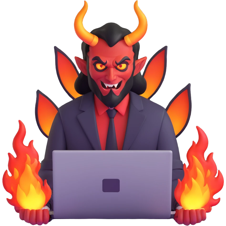 sinister demon salesman with laptop and fire effects emoji