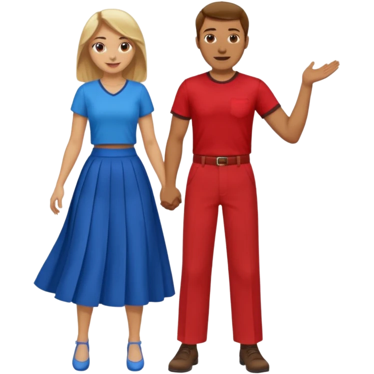 Two people dancing. Man in red shirt and  red pants with brown hair. Women in blue shirt and long skirt with blond hair. Having fun. emoji