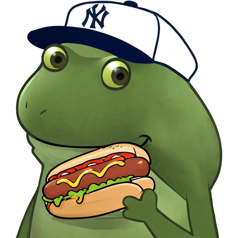 wearing a yankees hat, holding a hotdog emoji