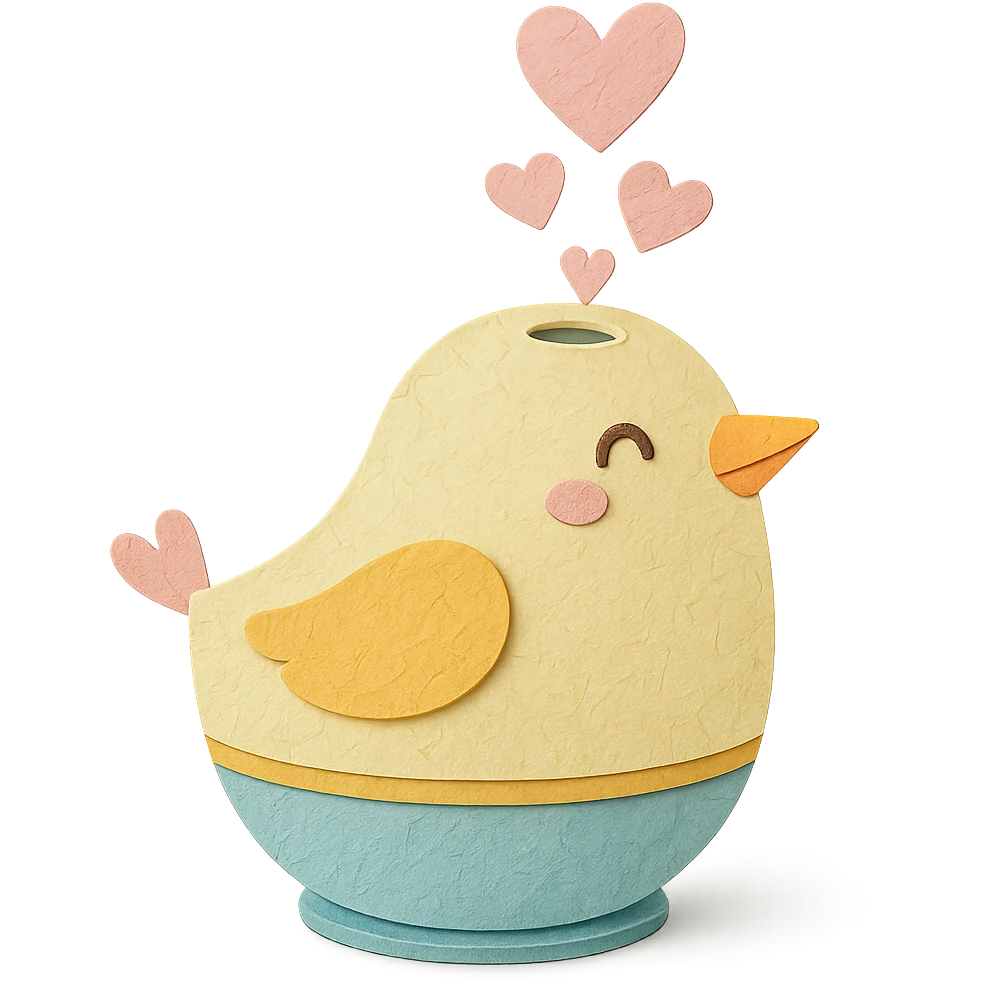 cute bird-shaped humidifier releasing heart-shaped mist, gentle smile, soft pastel colors, full-body emoji