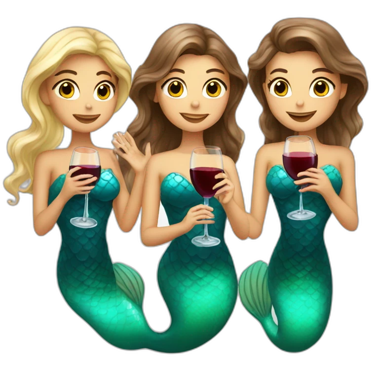 Three beautiful mermaids (two brown hair and blond one) drinking wine emoji