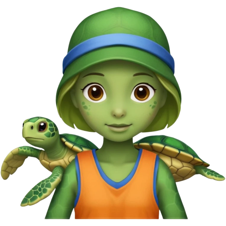 Haz una tortuga bonita, que sea niña, con ropa como si estuviera haciendo voluntariado, que Rea presente la limpieza de playas y el de refugio de animal emoji