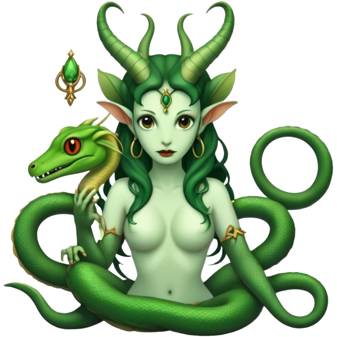 A green serpent  feminine Baphomet  with frogs and geckos emoji