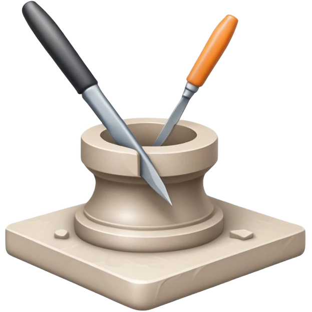 Icon for sculpting, with sculpting tools, sculpture in progress on a textured surface, minimalistic style, clean lines, transparent background. emoji