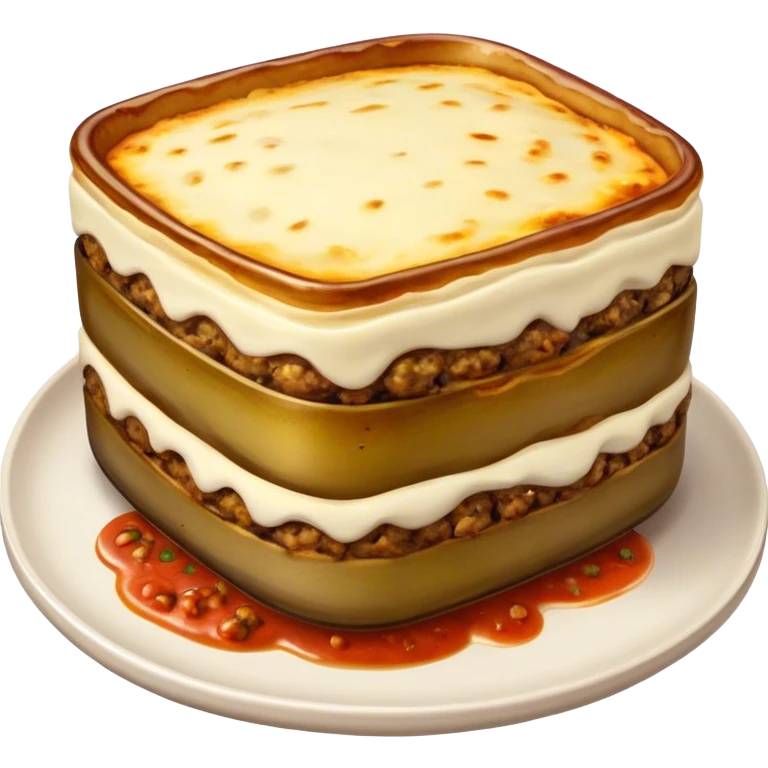 Cinematic Realistic Moussaka Dish Emoji, depicted with layers of eggplant, minced meat, and b√©chamel sauce rendered with rich textures and warm, inviting lighting that captures its Mediterranean flavor. emoji