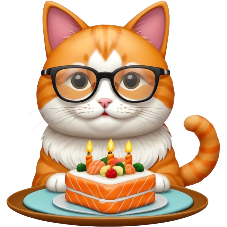 cat with cool square shaped glasses eating a birthday cake made out of sushi emoji