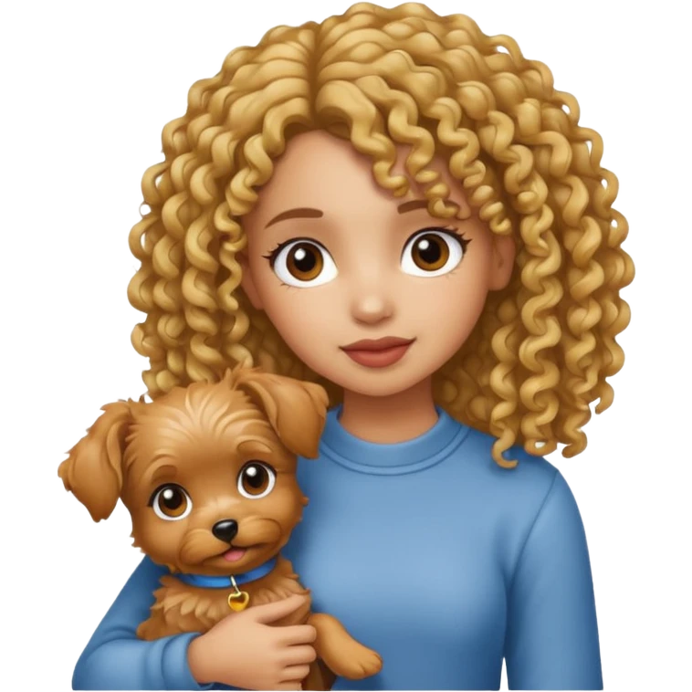 Light skin girl with curly hair holding a yorkie  emoji
