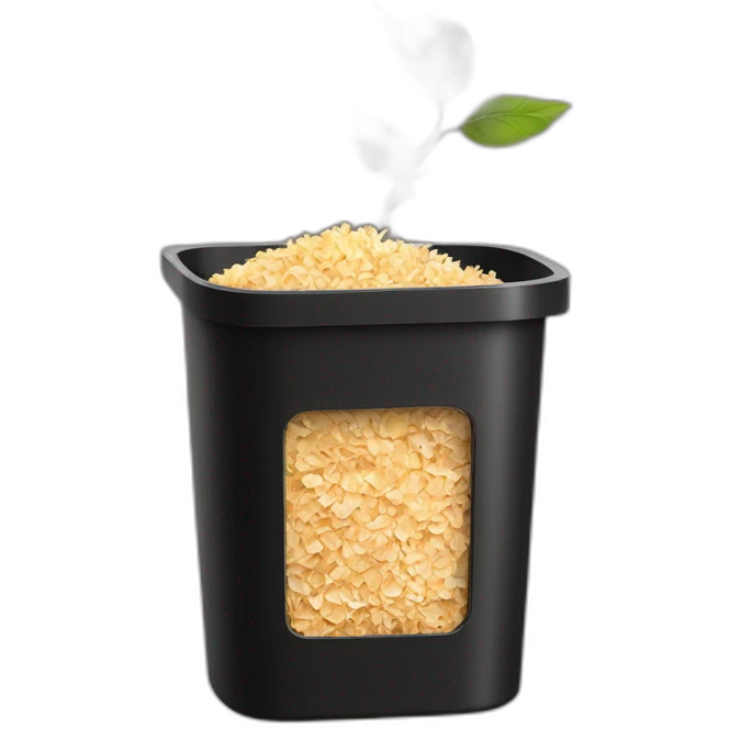 Black cubic plastic container with wood shavings inside, and a white tube with three branches at the top  emoji