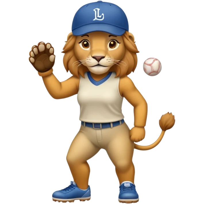 full-body friendly anthropomorphised female lion wearing a baseball cap emoji