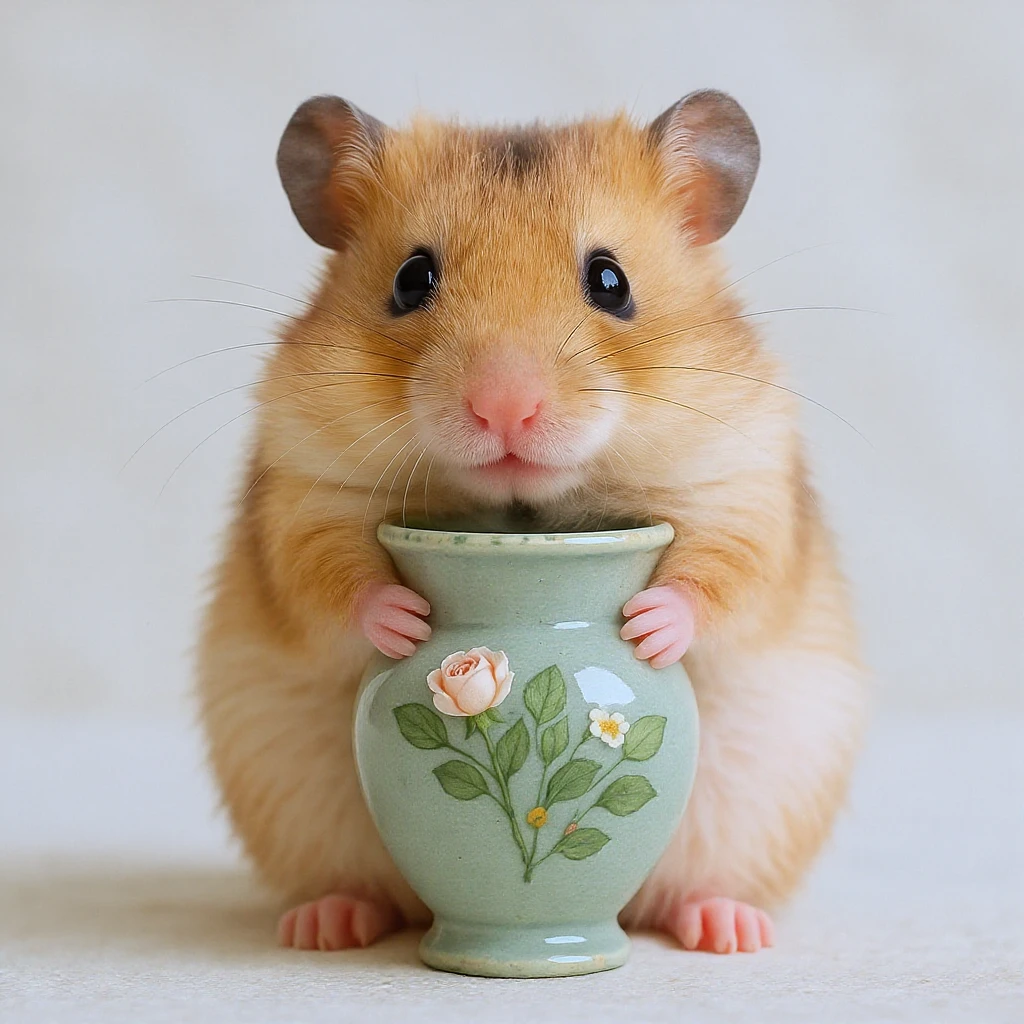 A hamster holding a vase with flowers emoji