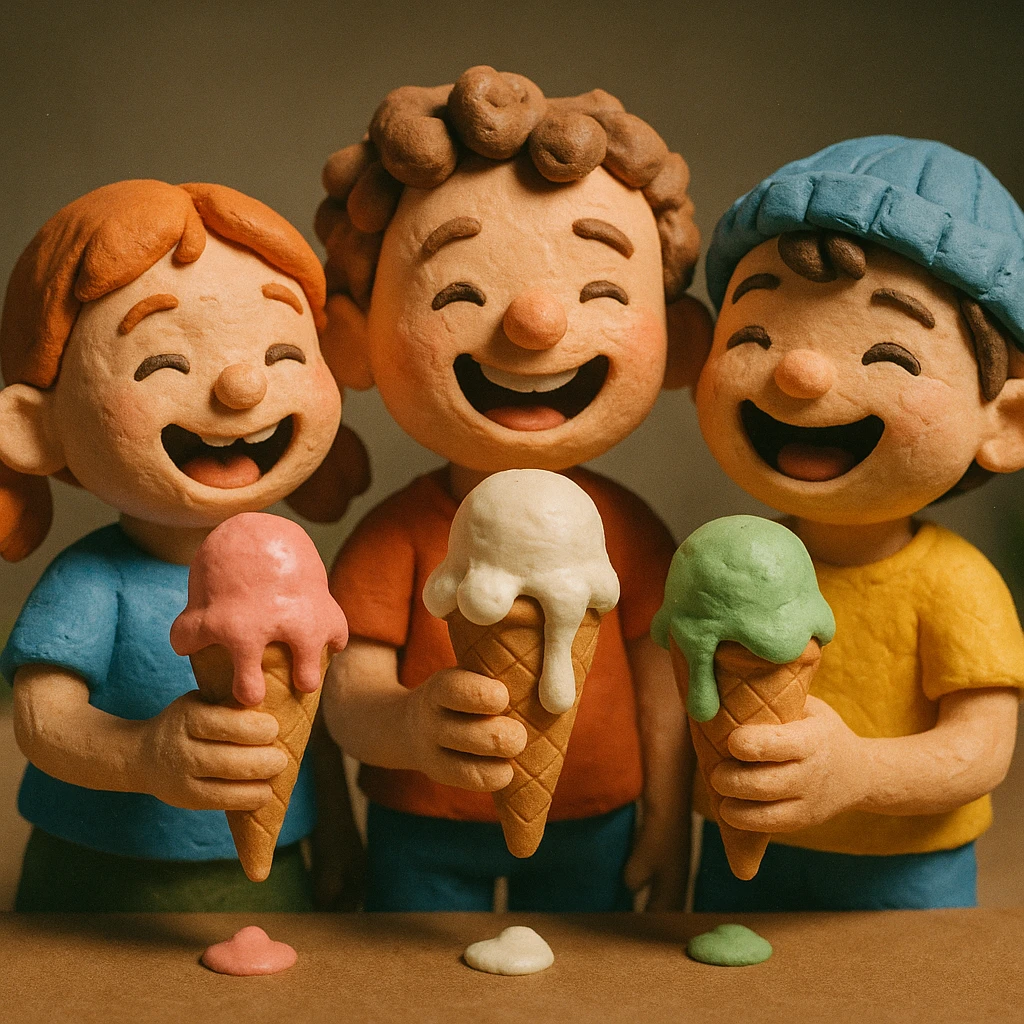 happy children with melting ice cream cones emoji