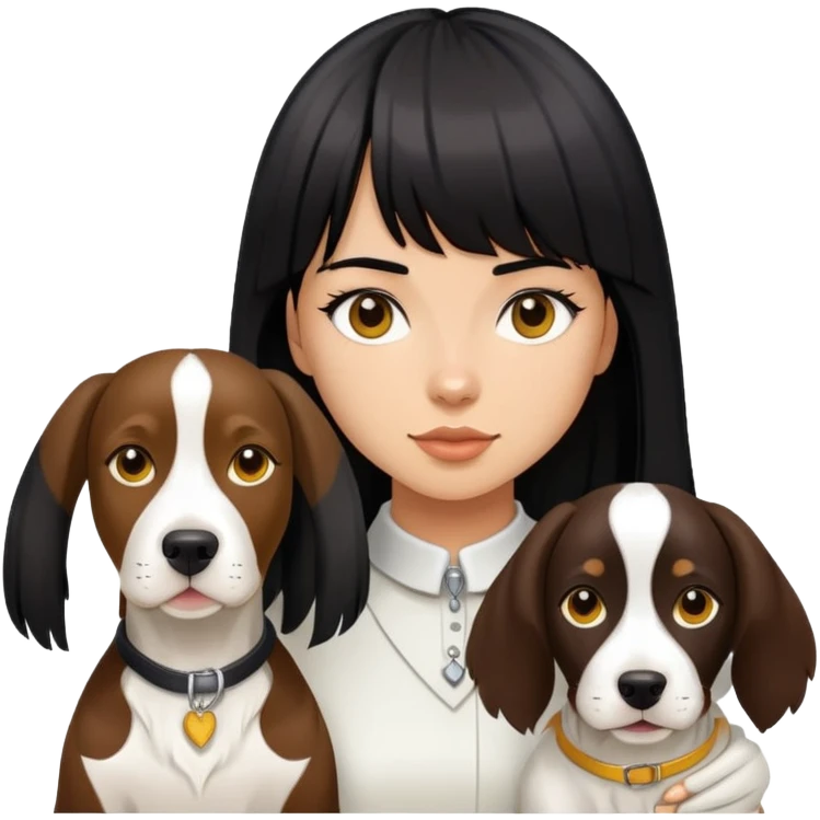 girl with long black  straight bangs hair and tococo a Springer dog  and yellow bull terrier emoji