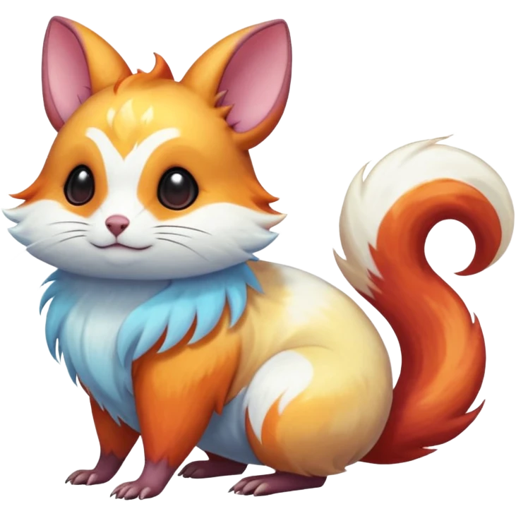  Shiny iridescent light warmly colored reddish-orange-gold-gradients vibrant bioluminescent colorful pastel flourishing flurry fuzzy Absol-Minccino-Furret-Zangoose-Chinchilla-fusion-animal-Fakémon-hybrid-creature, by griffsnuff emoji