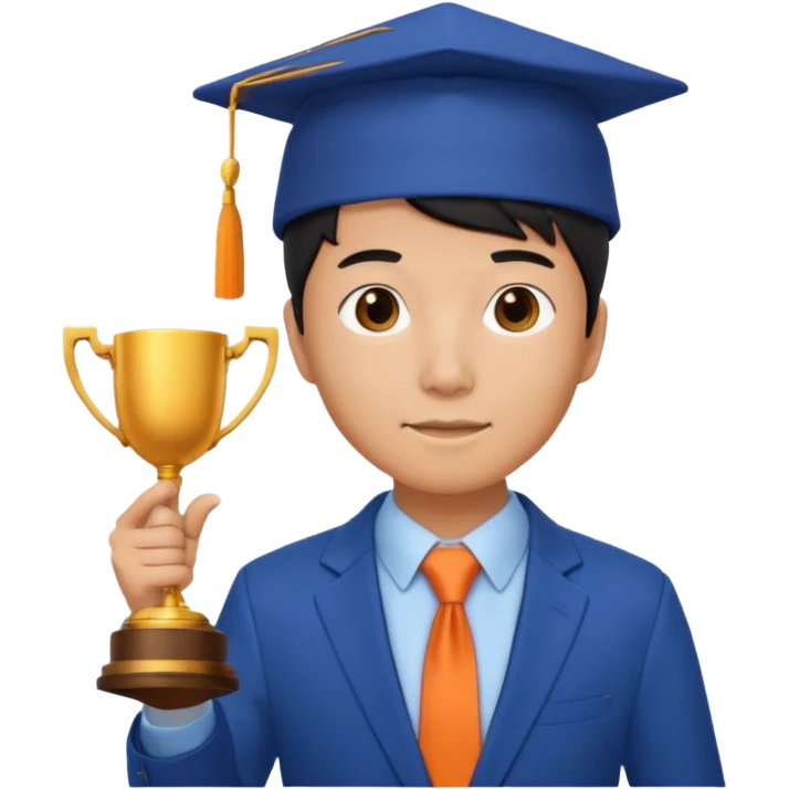 An asian man wearing student hat, blue suit and orange tie, holding a trophey emoji