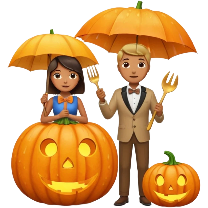 Make a guy hugging a giant pumpkin with a fork in his right hand while there's fire while there's a lady watching while it's raining while there's an umbrella on the ground that's alive and the sun has a bow tie on his neck emoji