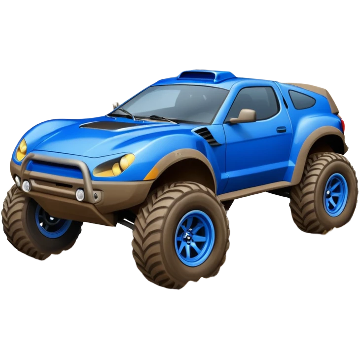 Dirty Midnight-blue Local Motors Rally Fighter off road race car after jumping over a dirt ramp  emoji