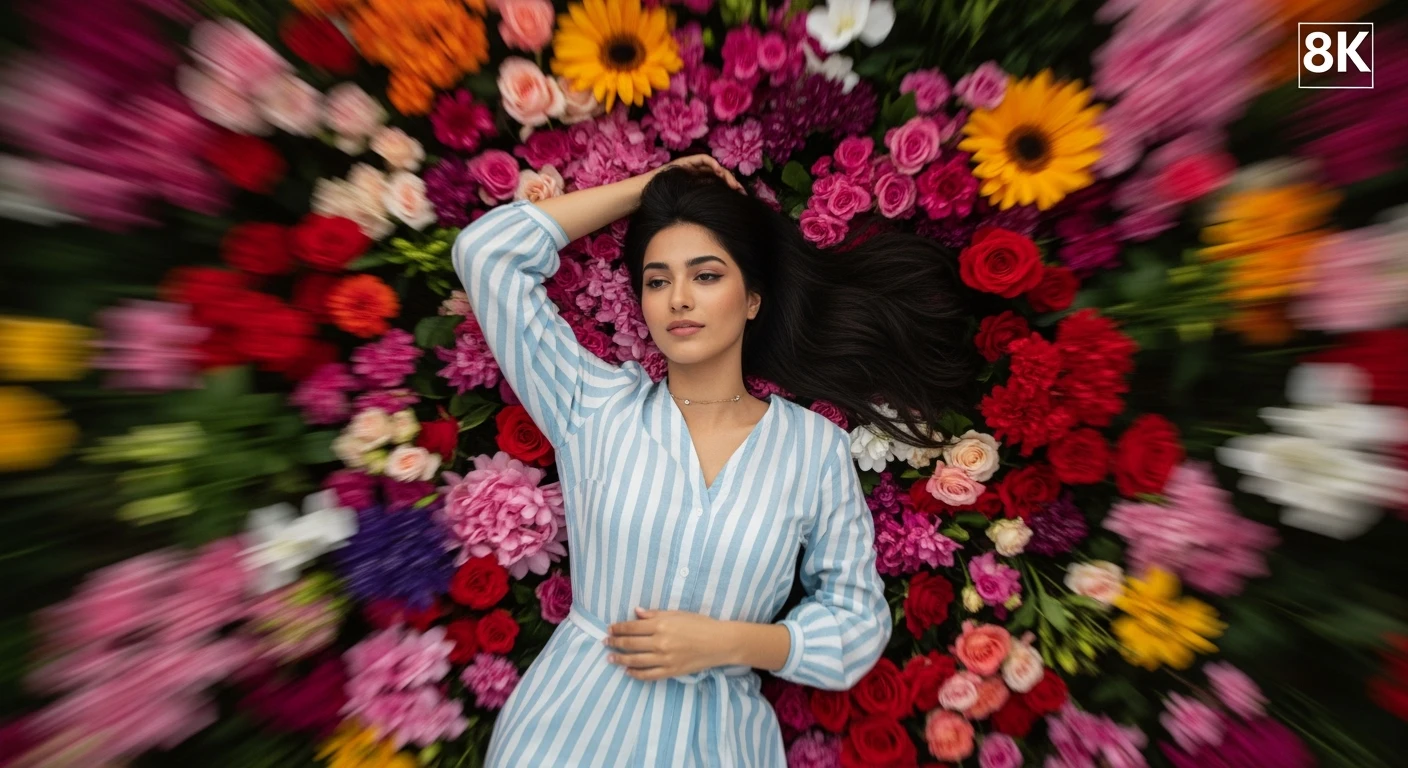 Camera drom top, Motion blur Extreme Closeup photo of a beautifull woman lay around beautifull colorfull flowers, cinematic light, 8K, very detailed, sharp, depth (foreground, midground, background) emoji