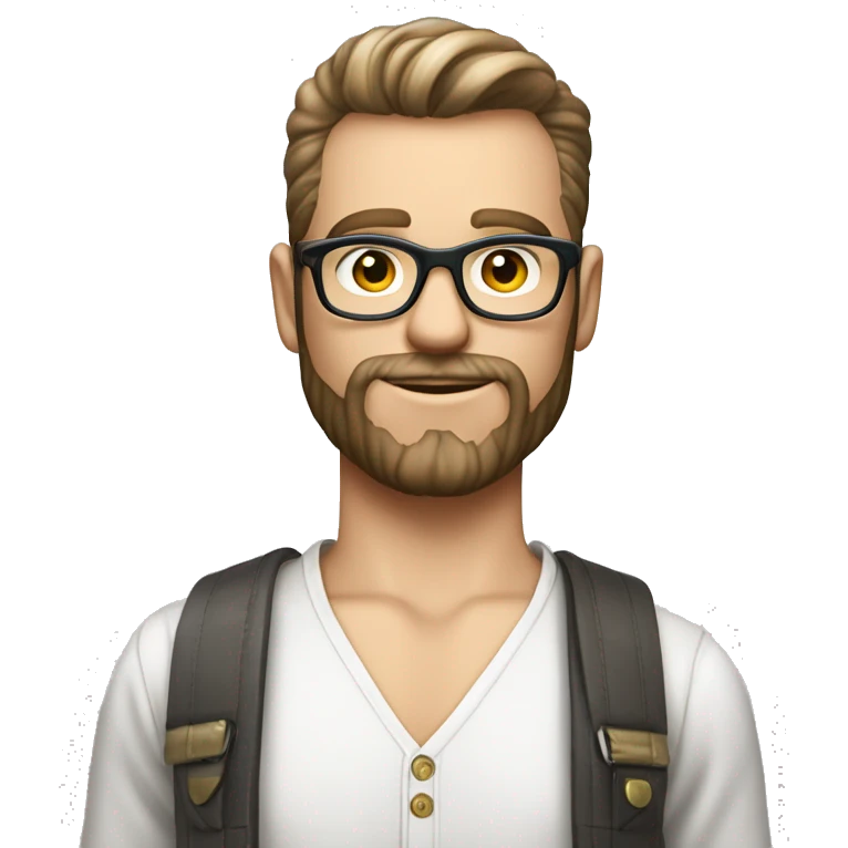 Homme blanc 20 ans avec cheveux rasé, petite barbe, chemise blanche, lunette de soleil grise prada  emoji