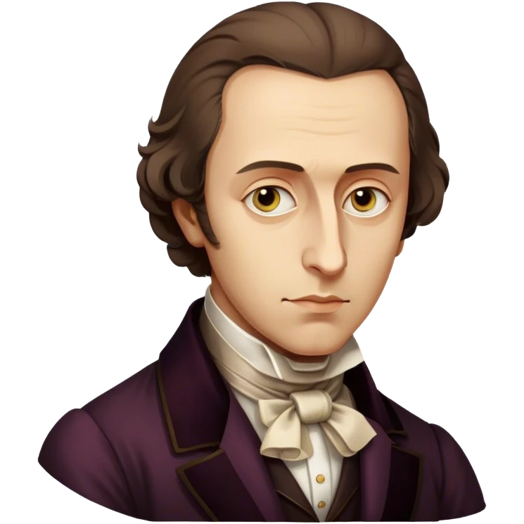 Cinematic Realistic Chopin Portrait Emoji, depicted as an introspective composer with expressive eyes and period attire, rendered with rich textured detail and soft classical lighting that captures his emotive musical genius. emoji
