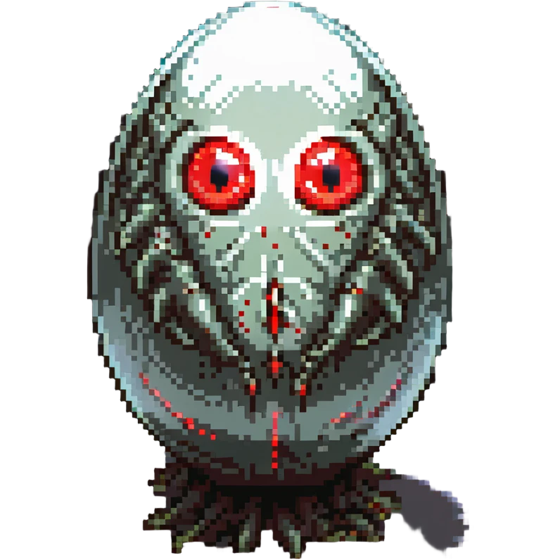 a strange large transparent alien egg, floating inside with a visible creature inside, embryonic, fetal shape creature, 3 glowing red eyes, illuminated from above emoji
