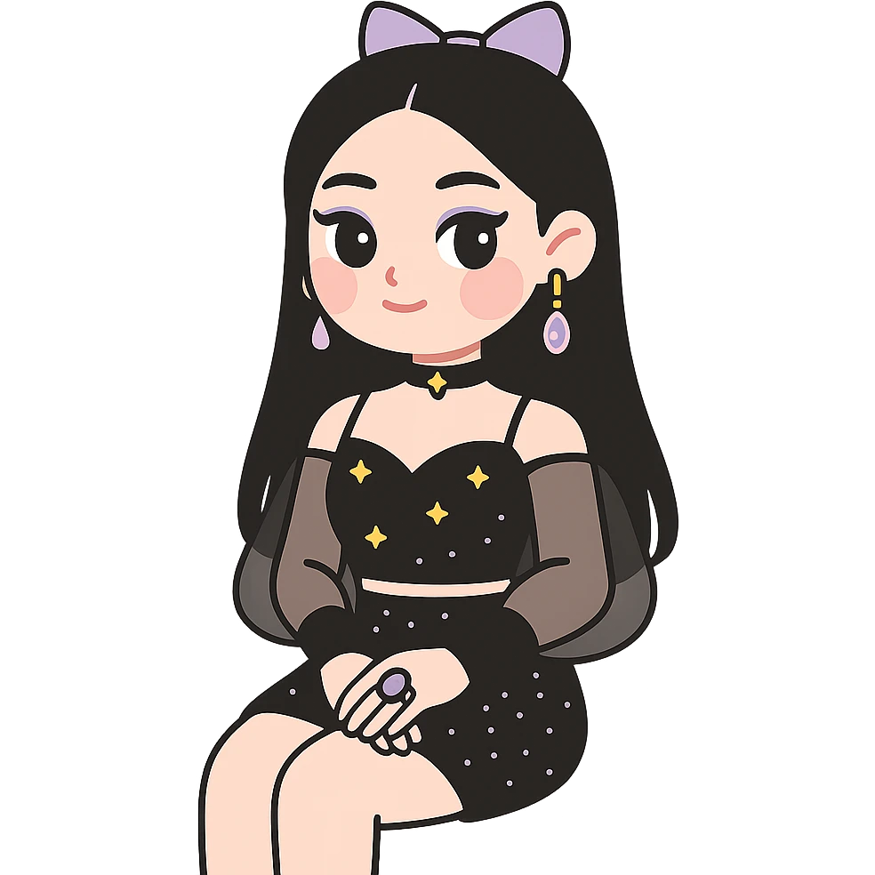 Transform the image into a K-pop inspired gothic girl wearing a glamorous performance outfit with bold accessories, sitting elegantly. Preserve the transparent background. Style should reflect K-pop gothic fashion with elegance and boldness. emoji