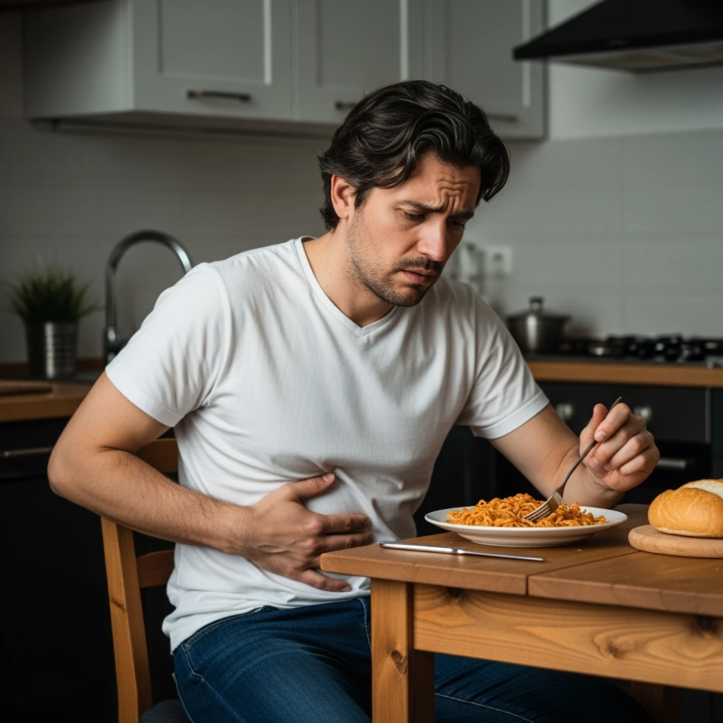 A man in his mid-30s sitting at a kitchen table with a plate of pasta and bread in front of him, looking uncomfortable and conflicted. His facial expression shows bloating, fatigue, and mild abdominal pain. One hand is on his stomach, the other hesitating to eat. emoji