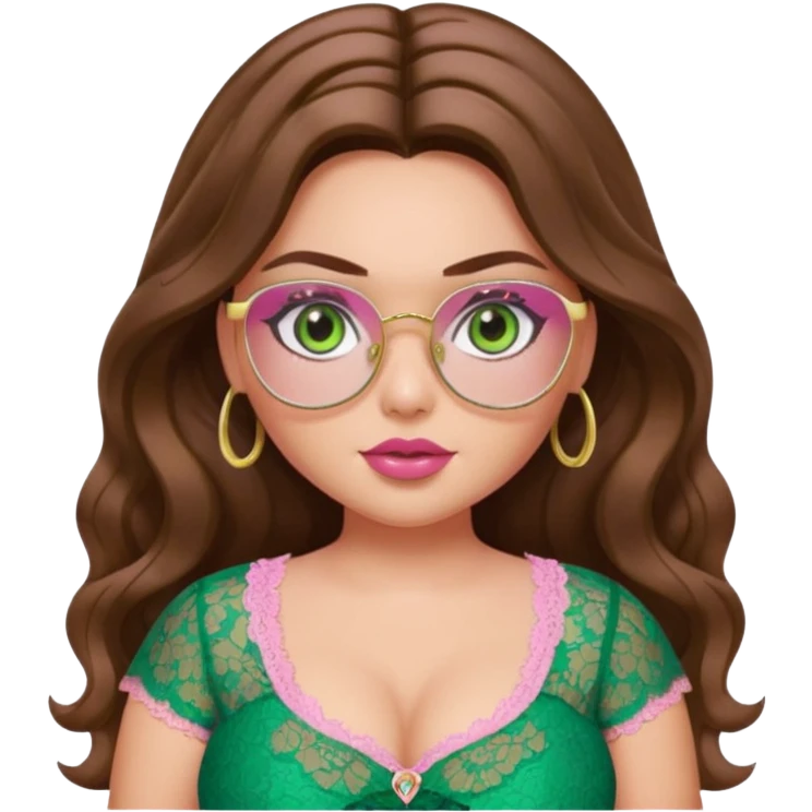 Baddie bratz girl with middle parted long wavy brown hair. green eyes. Plus size. pink lace top. Gold rimmed glasses emoji