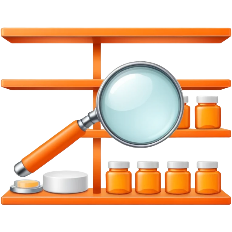 front view magnifying glass over orange beauty product shelf searching for last item emoji
