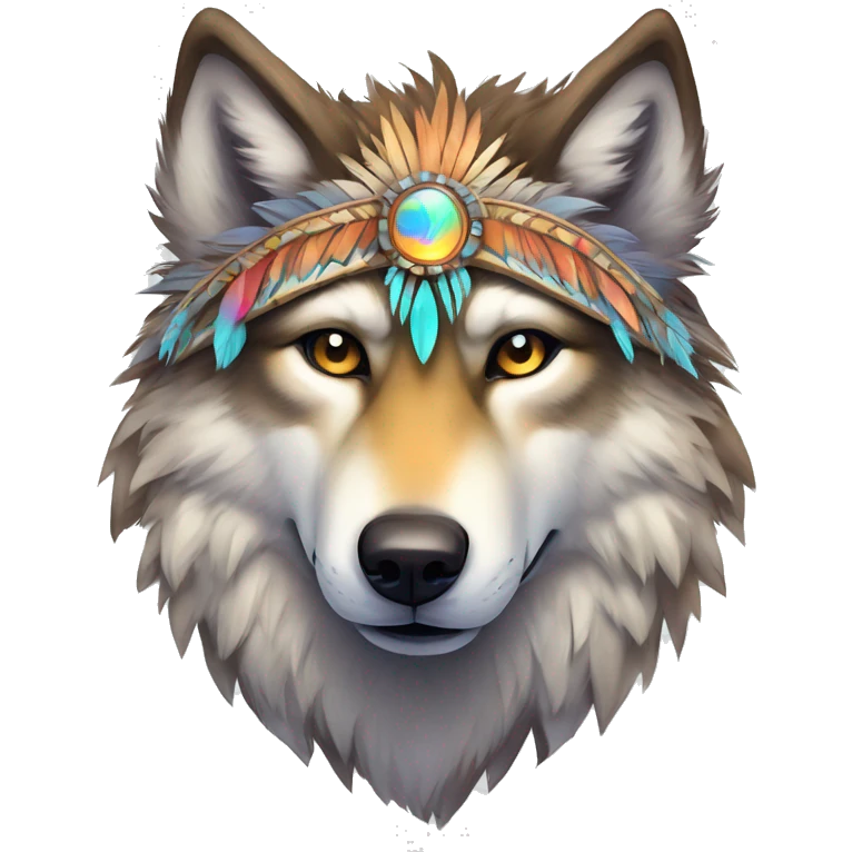 Fluffy Shy Colorful Spiritual Shamanic Wolf With Shiny Tribal Markings wearing feathers Full Body emoji